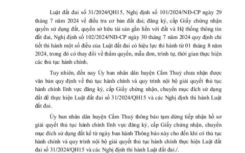 Thông báo Về việc tạm dừng tiếp nhận hồ sơ đăng ký, cấp Giấy chứng nhận, chuyển mục đích sử dụng đất 