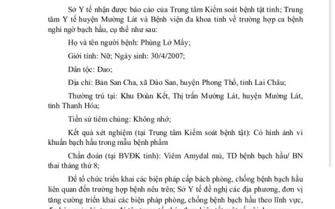 Công văn hỏa tốc của Sở y tế tỉnh Thanh Hóa về việc triển khai các biện pháp cấp bách phòng, chống bệnh bạch hầu.